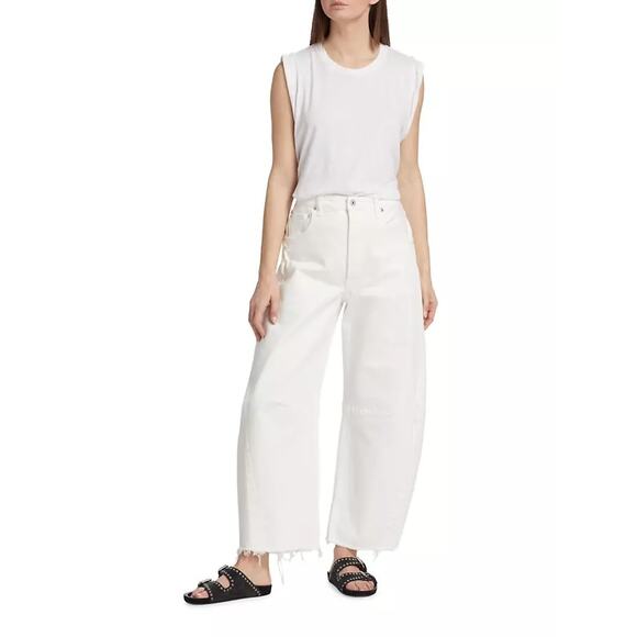 Citizens of Humanity Horseshoe White Wide-Leg Jeans Distressed Raw Hem Crop